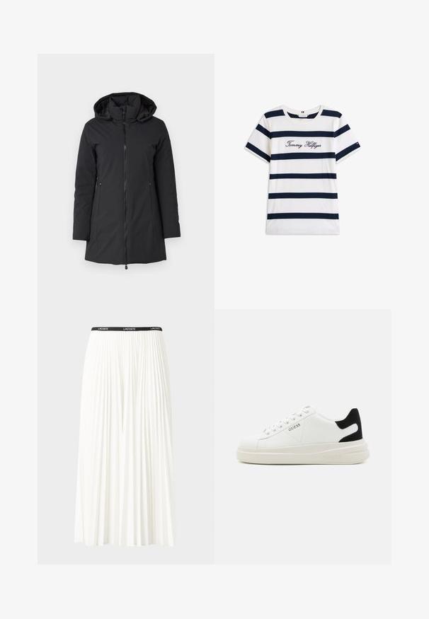 Zwarte, gewatteerde winterjas met capuchon, een ritssluiting aan de voorkant, lange mouwen en zijzakken. Gladde, waterdichte stof met een licht gewatteerde binnenkant.; Katoenen T-shirt met horizontale marineblauwe strepen op een witte achtergrond. "Tommy Hilfiger" geborduurd in cursieve letters op de borst. Ronde hals.; Plisséminirok in het wit met een zwarte elastische tailleband met het "LACOSTE"-logo. Middellange ontwerp met een zachte textuur.; Witte leren sneakers met een dikke witte zool, zwarte suède hielaccent en een geperst logo op de zijkant. Vetersluiting met zes oogjes.