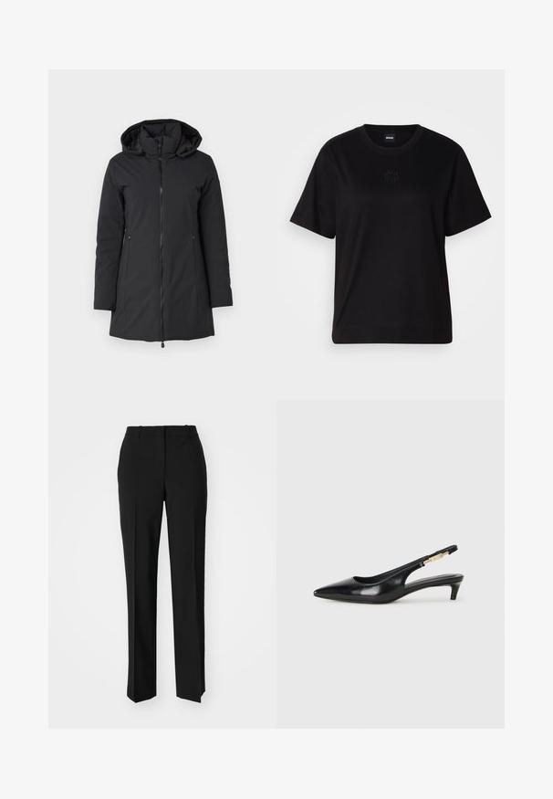 Svart, huva vinterjacka med framdragkedja, långa ärmar och sidofickor. Slätt, vattentätt material med en lätt vadderad insida.; Svart bomullströja med rund halsringning, korta ärmar och en broderad logotyp på bröstet. Enkel, avslappnad passform utan mönster.; Svarta skräddarsydda byxor med rak benform, med en slät yta och skarpa veck fram. Ingen synlig hårdvara.; Svart läder slingback-hälar med spetsig tå, med en smal klack och en guldtonad detalj på den justerbara remmen. Slät textur.