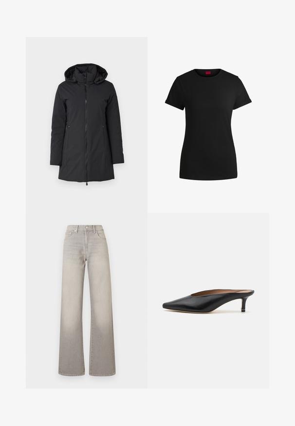 Schwarzer, hoodie Wintermantel mit Frontreißverschluss, langen Ärmeln und Seitentaschen. Glattes, wasserdichtes Material mit einem leicht gepolsterten Innenfutter.; Schwarzes Baumwoll-T-Shirt mit kurzen, aufgerollten Ärmeln, rundem Halsausschnitt und rotem Etikett. Glatte Textur, taillierte Form mit minimalen Details.; Graue weit geschnittene Jeans mit einem verblassten Finish, Knopfverschluss, fünf Taschen und gestickten Details entlang der Nähte.; Schwarze Leder-Mules mit spitzem Zehenbereich und niedrigem Blockabsatz. Glatte Textur mit elegantem Design. Offene Rückseite mit minimaler Gestaltung.