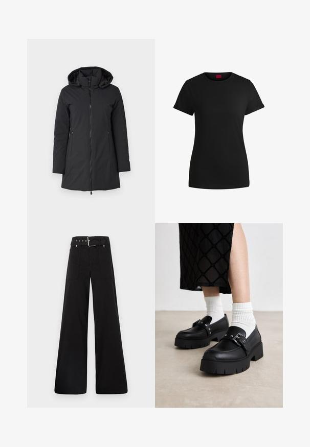 Black, hooded winter coat with a front zipper, long sleeves, and side pockets. Smooth, waterproof material with a slightly padded interior.; Black cotton t-shirt with short rolled sleeves, a round neckline, and a red label. Smooth texture, fitted shape with minimal detailing.; Black wide-leg trousers made from cotton, featuring a high waist, large side pockets, and a belted waist with silver hardware accents.; Black platform loafers with a smooth leather finish, featuring a buckle detail and stud accents, paired with white ribbed socks.