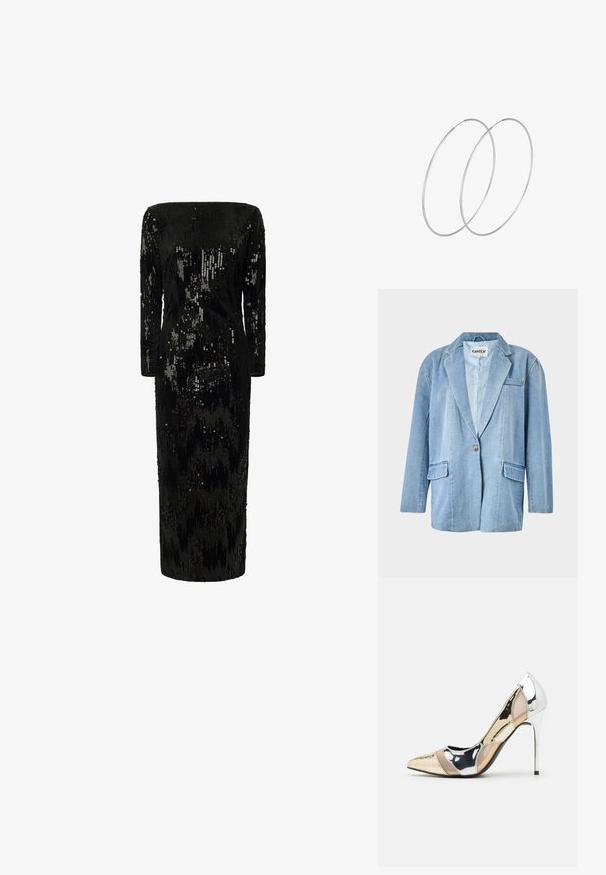 Svetlomodrá džínová blazer s jediným zapínaním na gombík, dvoma prednými vreckami a klopovým golierom, viditeľným prešívaním a podšitým interiérom.; Čierne šaty s flitrami, dlhými rukávmi, vykrojeným výstrihom a rovnou siluetou; majú štruktúrovaný, lesklý povrch.; Lodičky s špičatou špičkou v striebornom, zlatom a telovom farebnom prevedení. Lesklý povrch s výrezovým dizajnom, s ihlovým opätkom.; Strieborná metalická taška s mäkkým, zaobleným tvarom a uzáverom s uzlíkom. Vyrobená z hladkej syntetickej kože.; Strieborné kruhové náušnice s minimalistickým dizajnom. Cirkulárny tvar, hladký povrch a tenký profil. Ľahké s lesklým povrchom.