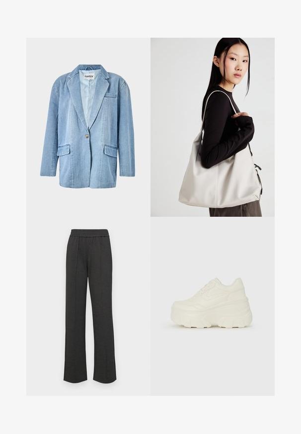 Light blue denim blazer featuring a single button closure, two front pockets, and a notched collar, with visible stitching and a lined interior.; Black short-sleeve t-shirt made from soft cotton. Features a round neckline and a fitted design. Smooth texture without patterns or accents.; Black straight-leg pants with an elastic waistband, front pleats, soft fabric, and no visible patterns or hardware details.; White platform sneakers featuring a smooth leather-like upper, rounded shape, padded collar, and textured rubber sole with defined treads.; Beige handbag made of soft material, featuring a slouchy design, stitched detailing, and two shoulder straps. Suitable for everyday use.