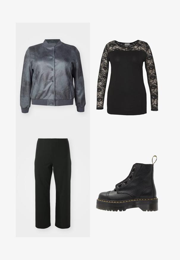 Hallja hall bomber-jakk musta, tekstureeritud kunstnahast viimistlusega, soonikkoes mansetid ja eesnupu sulgemine. Omab ümarat kraed ja sobivat hemmi.; Must mustriga, millel on pikad pitsist varrukad, mis sisaldab ühtlast musta keha ja lillepitsist detailide. Ümmargune kaelus sujuva tekstuuriga.; Vero Moda Curve VMCAUGUSTA PANT - Püksid - black; Mustad musta nahast ankle botased tekstureeritud pinnaga, ümar nina, paeltega disain, kollased õmblused ja paks, soonikuline must platvormsool.