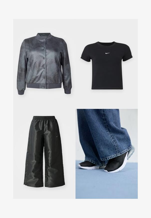 Grå bomberjakke med en teksturert faux skinn-overflate, ribbestrikkede mansjetter og lukking med knapper foran. Har en rund krage og tilpasset hem.; Svart T-skjorte med kort arm laget av bomull med rund hals. Har en hvit Nike-logo på brystet, minimalistisk design og tettsittende fasong.; Svarte treningsbukser med en blank, glatt stoff, som har et elastisk liv, vide ben og en liten logo på venstre side.; Svarte joggesko med mesh-detaljer, hvit såle og synlig luftputing, kombinert med blå denim vide jeans.