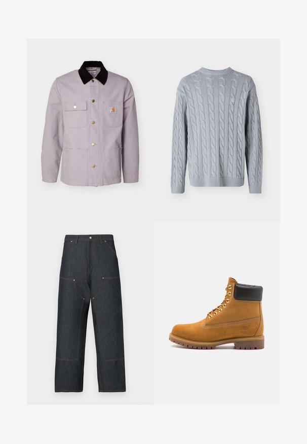 Lys grå bomullsjakke med krage i svart kordfløyel, to framlommer og messingknapper. Har en logo-patch på brystlommen.; Lys blå strikket genser med kabelstrikkmønster, lange ermer og rund hals. Ribbestrikkede mansjetter og nederkant gir tekstur og struktur.; Mørkeblå denimjeans med vid benutforming, med kontrasterende oransje søm, frontlommer og klassisk knappelukking.; Beige semskede ankelstøvel med svart polstret krage, gullmetalløyer, hvite sømdetaljer og robust gummisåle med påfallende mønster.