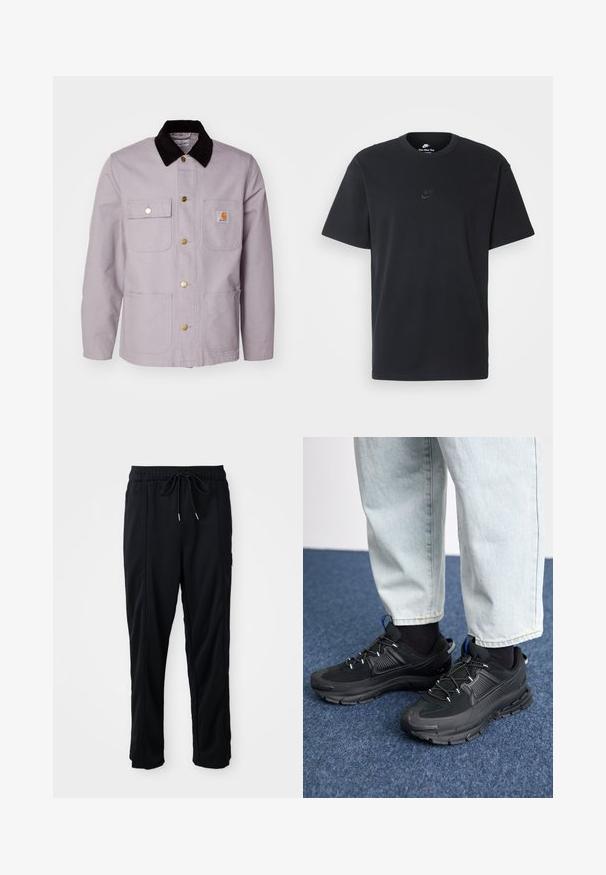 Gaiši pelēks kokvilnas apģērbs ar melnu korduroja apkakli, divām priekšējām kabatām un misiņa pogām. Iespējo logo uz krūšu kabatas.; Nike melns kokvilnas T-krekls ar klasisku piegriezumu, īsām piedurknēm un smalku, reljefu logotipu uz krūškurvja. Gluda tekstūra.; Melnas bikses ar aukliņu jostas vietā, ar sānu kabatām un taisnu kāju griezumu uz vienkrāsaina fona.; Melni sporta apavi ar strukturētu audumu un gumijas zoli, ar elastīgām auklām un zilu akcentu uz papēža. Nēsāti ar gaišām džinsu biksēm.