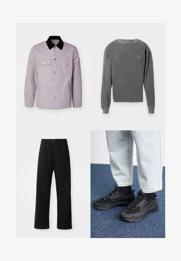 Lys grå bomuldsjakke med en sort fløjlskrage, to frontlommer og messingknapper. Har et logopatch på brystlommen.; Grå langærmet crewneck sweatshirt med ribbet tekstur, med et lille firkantet logo-patch på venstre bryst og ribbede manchetter.; Sorte denimbukser med lige snit, der har frontlommer, lynlås og en enkelt knap i toppen. Struktureret stof med en mat finish.; Sorte træningssko med tekstureret stof og gummisåler, udstyret med elastiske snørebånd og en blå detalje på hælen. Bæres med lyse denimbukser.