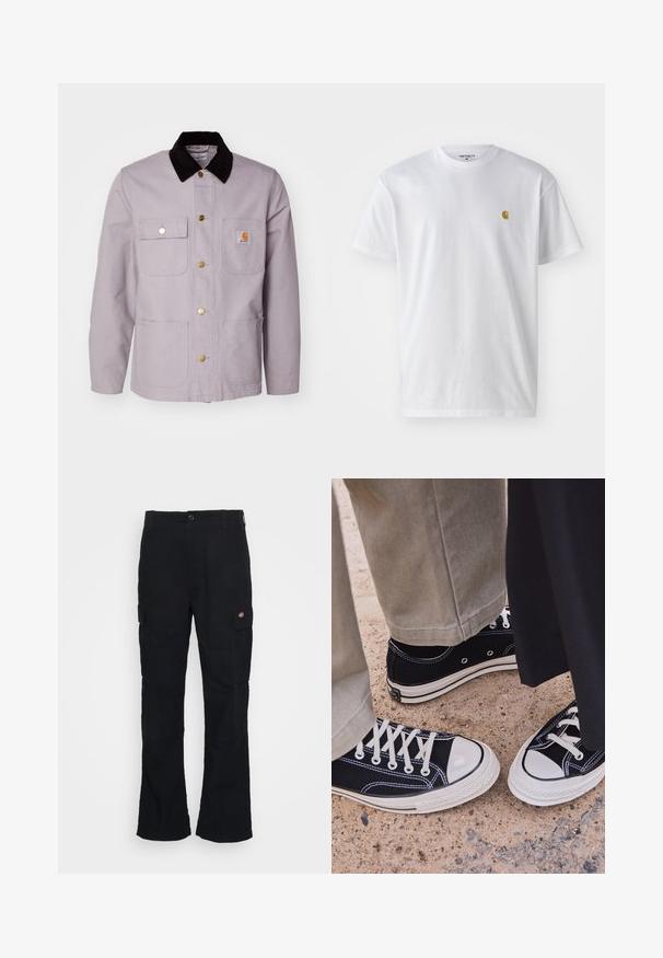 Light gray cotton jacket with a black corduroy collar, two front pockets, and brass buttons. Features a logo patch on the chest pocket.; White cotton t-shirt with short sleeves, crew neck, featuring a small gold logo on the left chest area. Soft texture and regular fit.; Black cargo pants with a straight leg design, made from durable fabric, featuring side pockets and a patch logo on the left side.; Black canvas sneakers with white rubber toe caps and laces. Contrast stitching and metal eyelets add detail. Worn with beige pants and black fabric.