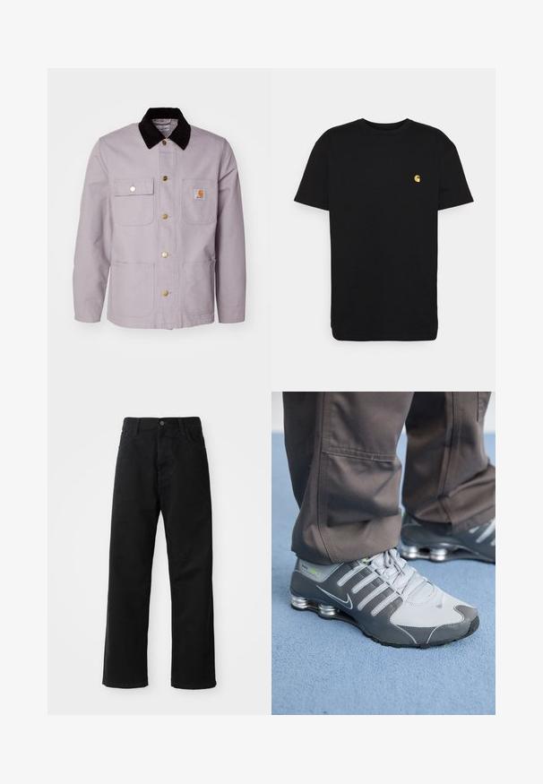 Světle šedá bavlněná bunda s černým manšestrovým límcem, dvěma předními kapsami a mosaznými knoflíky. Na náprsní kapse je logo nášivka.; Černé bavlněné tričko s krátkým rukávem, kulatým výstřihem a malým žlutým logem na levé části hrudi. Jednoduchý design a klasický střih.; Černé džínové kalhoty s rovný střih, s předními kapsami, zipovým zapínáním a jedním horním knoflíkem. Texturovaná látka s matným povrchem.; Šedé a stříbrné tenisky Nike Shox mají elegantní design, s použitím síťoviny a syntetických materiálů, zaoblenou špičku a polstrovaný límec.