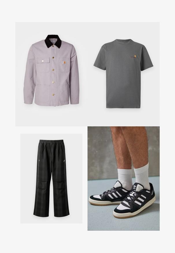 Hele halli puuvillane jakk musta sametikaelusega, kahe esipocketiga ja messingist nuppudega. Rinnataskul on logo silti.; Hallita halli lühikeste varrukatega t-särk, mis on valmistatud puuvillast; esitades diskreetse logo oranžis ja burgundia värvitoonis rinnal. Lihtne ümmargune kaelus.; Mustas ruudulised püksid, millel on elastne vöökoht, kaks esimest taskut ja laiem lõige sirge jala disainiga. Valmistatud kergest materjalist.; Mustvalged ja valged spordijalatsid, mille pealmine osa on valmistatud suede'ist ja nahast. Kingadel on kolm valget riba, auguline varvas ja kummist tald.