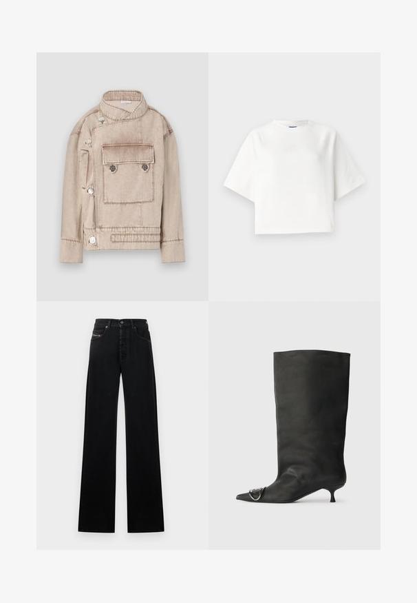Beige denim jacket with a high collar, asymmetrical front closure, and one chest pocket. Features metallic buttons and subtle stitching details.; White oversized t-shirt with short raglan sleeves, made of soft fabric. Features a subtle logo on the chest and a round neckline.; Black wide-leg jeans made of denim, featuring a front button closure, five pockets, and a small logo patch on the waistband.; Black leather ankle boot with a pointed toe, small heel, and metallic accent detail on the toe. Smooth, matte texture throughout.