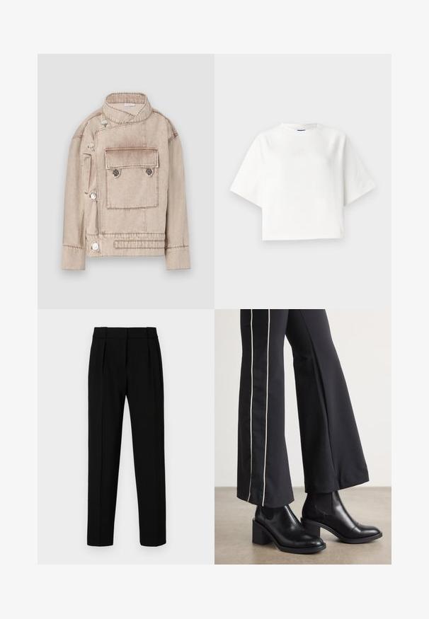 Beige denim jacket with a high collar, asymmetrical front closure, and one chest pocket. Features metallic buttons and subtle stitching details.; White oversized t-shirt with short raglan sleeves, made of soft fabric. Features a subtle logo on the chest and a round neckline.; Black tailored trousers with a straight fit, pleated front, polished fabric, and a medium waistband. No visible pockets or hardware details.; Black leather ankle boots with a block heel, featuring elastic side panels. Paired with black pants that have a white side stripe.