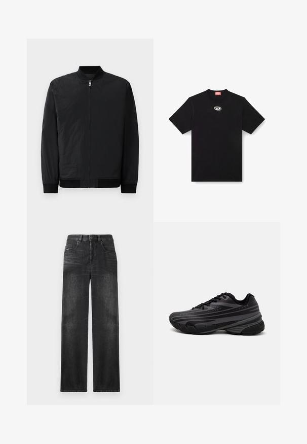 Juodas bomber tipo švarkas su užtrauktuku, raštuotomis rankogaliais ir glotnia, lengva medžiaga su matinės apdailos efektu.; Juodas medvilninis marškinėlis su apvaliu iškirpimu ir trumpomis rankovėmis. Priekyje centre yra maža sidabrinė logotipo siuvinėjimas.; Juodos tiesios kojų džinsai, pagaminti iš džinsinio audinio, su penkiomis kišenėmis, diržo kilpomis ir švelniu audinio blukimu, kuris suteikia tekstūrą.; Juodas bėgimo batelis su tekstūruotu viršumi, kuriame yra pilkos juostos. Storas padas amortizacijai, apvalus pirštas ir plokščios raištelės tvirtam prigludimui.