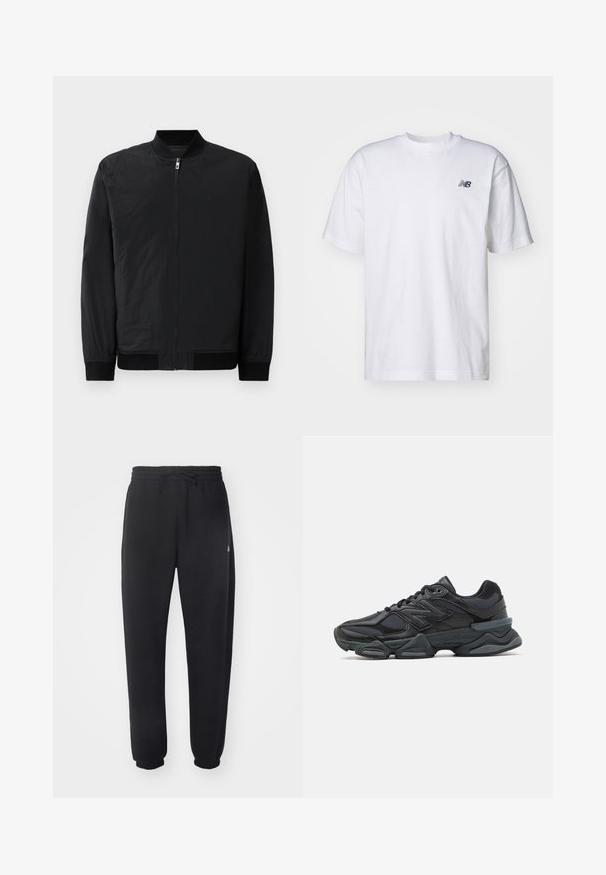 Black bomber jacket featuring a zip closure, ribbed cuffs, and a smooth, lightweight fabric with a matte finish.; White short-sleeve crew neck T-shirt with small black New Balance logo on left chest against a plain background.; Black sweatpants made of soft material with an elastic waistband, drawstring, and tapered cuffs, featuring a subtle logo on the side.; Black running shoe featuring a mix of mesh and synthetic materials, chunky sole, curved design, and prominent branding on the side.