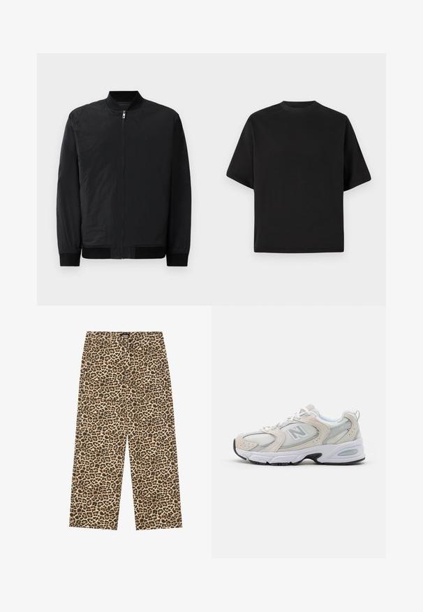 Jaqueta bombardeiro preta com fecho de zíper, punhos canelados e um tecido suave e leve com um acabamento mate.; T-shirt preta de manga curta em corte solto, feita de algodão suave, com decote redondo e design minimalista.; YOURTURN UNISEX - Calças de ganga de corte relaxado - beige/black; Sapatilha desportiva com cabedal em malha cinza claro e pormenores em camurça, atacadores brancos e sola de borracha preta. Detalhe notável de amortecimento ABZORB.