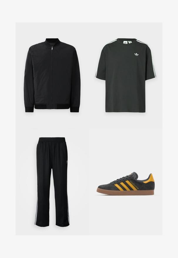 Jaqueta bombardeiro preta com fecho de zíper, punhos canelados e um tecido suave e leve com um acabamento mate.; T-shirt preta de algodão com mangas curtas, gola redonda e detalhe branco de três riscas nos ombros. Apresenta um pequeno logotipo branco no peito.; Calças atléticas pretas com um cós elástico, apresentando riscas brancas laterais e um pequeno logótipo. O material parece macio e leve.; Tenis em camurça preta com detalhes amarelos, apresentando três riscas e uma sola de borracha castanha. Inclui uma língua acolchoada para maior conforto.
