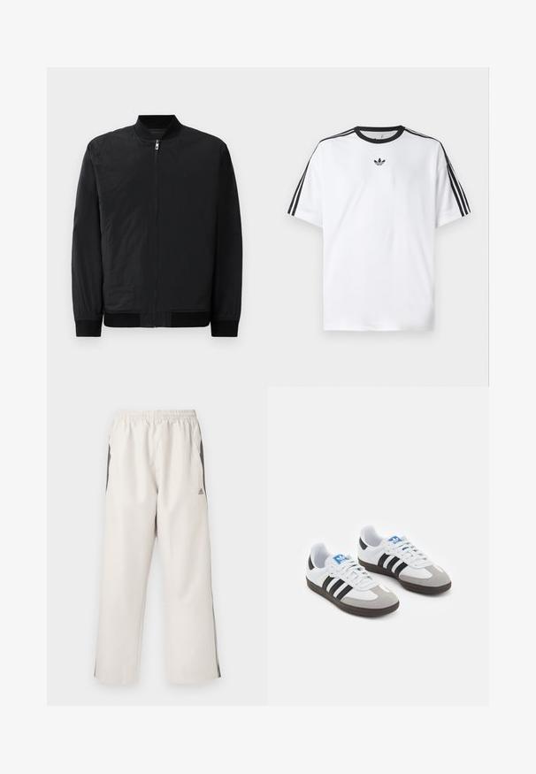 Giacca bomber nera con chiusura a zip, polsini a coste e un tessuto liscio e leggero con finitura opaca.; Maglietta bianca in cotone, con scollatura rotonda nera e tre strisce nere su ciascuna spalla. Piccolo logo nero sul petto.; Pantaloni da jogging beige chiaro con vita elasticizzata, tasche laterali, strisce nere sui lati e logo Adidas sulla coscia sinistra. Tessuto di superficie liscia.; Scarpe sportive con tomaia in pelle bianca, punta in suede grigia e tre strisce nere. Presentano un logo blu sulla linguetta e una suola in gomma testurizzata.