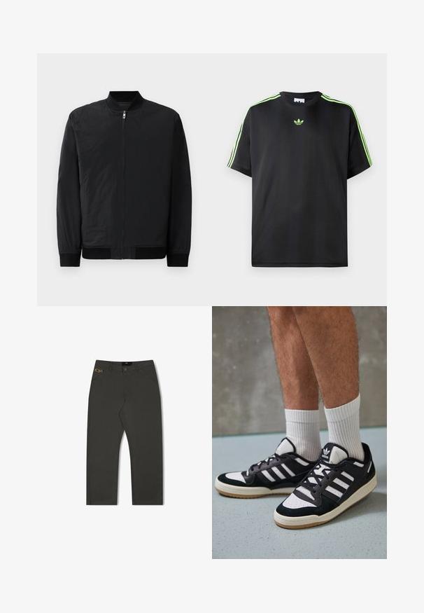 Melnā bumbiera jakā ir rāvējslēdzējs, ribotas aproces un gluda, viegla auduma ar matētu apdari.; Melnā T-krekls, kas izgatavots no gludas auduma ar apaļu kakla izgriezumu, ar trim zaļām svītrām uz pleciem un mazu zaļu logo uz krūškurvja.; Olīvu zaļas bikses, izgatavotas no kokvilnas maisījuma. Tām ir taisnas kājas dizains un neliels zelta akcentu logo priekšpusē. Minimālistisks stils.; Melnas un baltas kedas ar zamša un ādas augšdaļu, kas aprīkotas ar trim baltām svītrām, perforētu purngali un gumijas zolēm.