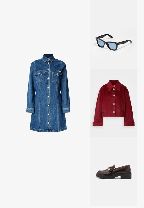 Burgunderfarbene, kurze Jacke aus einem Wollgemisch, mit Kragen, silbernen Druckknöpfen und seitlichen Taschen; glatte Textur mit taillierter Passform.; Denimhemdkleid, lange Ärmel, durchgehende Knopfleiste, zwei Brusttaschen, klassischer Kragen, mittelblaue Farbe und leichte Steppdetails.; Braune Lederloafers mit einer goldenen Akzent-Schnalle, schwarzem Blockabsatz und einer glatten Oberfläche. Die Seitenansicht zeigt die abgerundete Zehenform und die genähten Details.; Schwarze Plastiksunglasses mit blauen getönten Gläsern, quadratischer Form, soliden Bügeln und zwei metallischen Akzenten an der Vorderseite in der Nähe der Gläser.; Braune Handtasche aus Leder mit einer weichen, strukturierten, fellartigen Außenseite, schlankem Design, einem kurzen Griff und einem abnehmbaren Schultergurt.