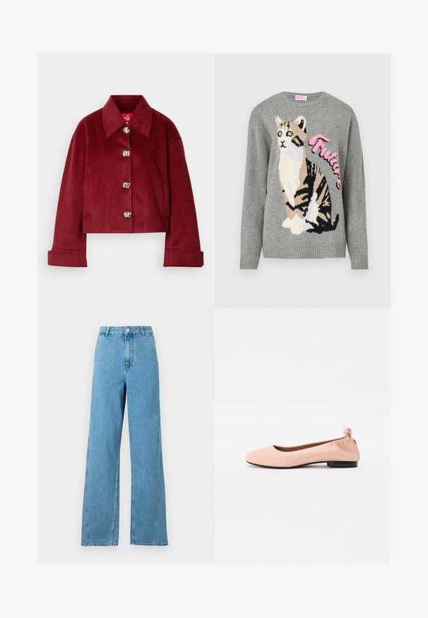 Burgundowy krótki żakiet z mieszanki wełny, z kołnierzem, srebrnymi zatrzaskami i kieszeniami bocznymi; gładka tekstura z dopasowanym krojem.; Szary sweter dzianinowy z grafiką kota w czerni i beżu, z napisem "Przyszłość" w różowym na przodzie.; Jasnoniebieskie dżinsy o szerokich nogawkach z wysokim stanem, pięcioma kieszeniami i metalowym zapięciem. Wykonane z denimu o gładkiej fakturze.; Jasnoróżowe baletki wykonane z gładkiego materiału, z zaokrąglonym noskiem, elastycznym tyłem i małym czarnym obcasem.