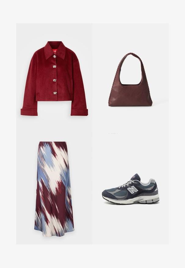 Bordo skraćeni sako od vune, s ovratnikom, srebrnim preklopnim dugmadima i bočnim džepovima; glatka tekstura s prilagođenim krojem.; Polo majica dugih rukava u prugama boje burgundac i bijela, sa kragnom, plaketom na tri dugmeta i izvezenim logotipom na prsima.; Duga suknja s dijagonalnim tie-dye uzorkom u burgundcu, plavoj i krem boji, izrađena od mekanog materijala s lepršavim siluetom i blagim sjajem.; New Balance tenisice s gornjim dijelom od plave mrežice i antilopa, sivi naglasci, bijeli logo, obloženi potplat i teksturirani detalji.; Burgundska kožna torba s trokutastim oblikom, otvorenim vrhom i pletenim detaljem duž ručke. Glatka tekstura s mat završetkom.