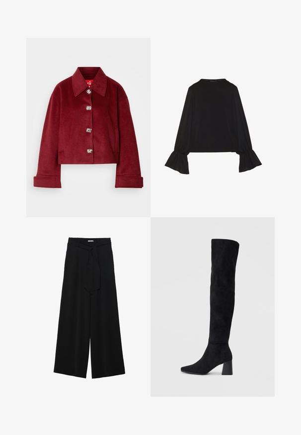 Burgundy cropped jacket in wool blend, featuring a collar, silver snap buttons, and side pockets; smooth texture with a tailored fit.; Black long-sleeve top featuring flared cuffs, soft texture, and a relaxed fit, with a simple round neckline.; Black wide-leg pants featuring a textured fabric, an elastic waistband, and a detachable sash tie at the waist for adjustable fit.; Black suede knee-high boot with block heel, pointed toe, and smooth, seamless design on a plain light background.