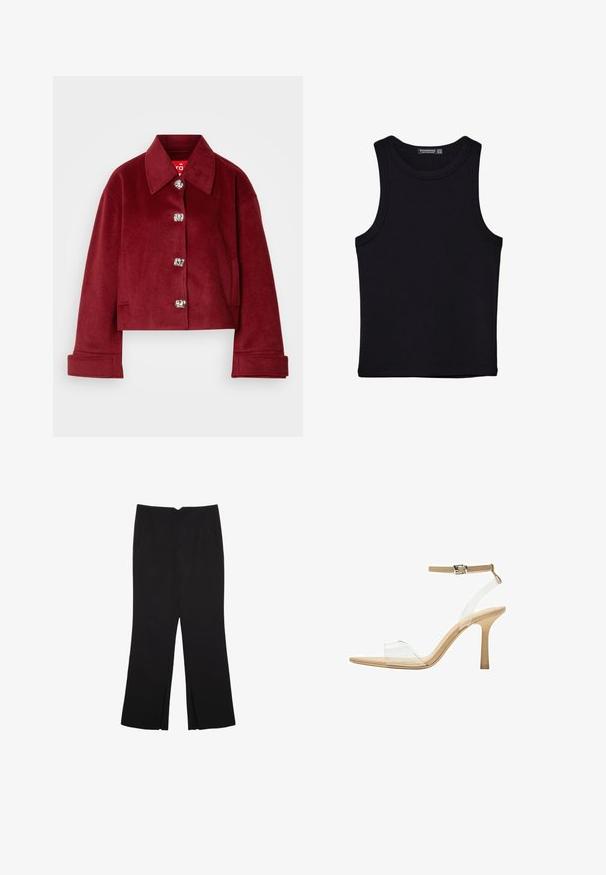 Burgundy kort jacka i ullblandning, med krage, silverfärgade tryckknappar och sidofickor; slät textur med en skräddarsydd passform.; Svart linne i bomull, med rund halsringning och breda armhål. Slät yta med sydda fållar. Klassisk, minimalistisk design.; Svarta byxor med rak passform, utrustade med framfickor och sidoklyvningar vid fållen. Tillverkade av mjukt, slätt tyg. Lämpliga för olika tillfällen.; Klart häl sandal med en transparent ovandel, beige fotbädd och en smal ankelrem. Har en spetsig tå och en tunn hög klack.
