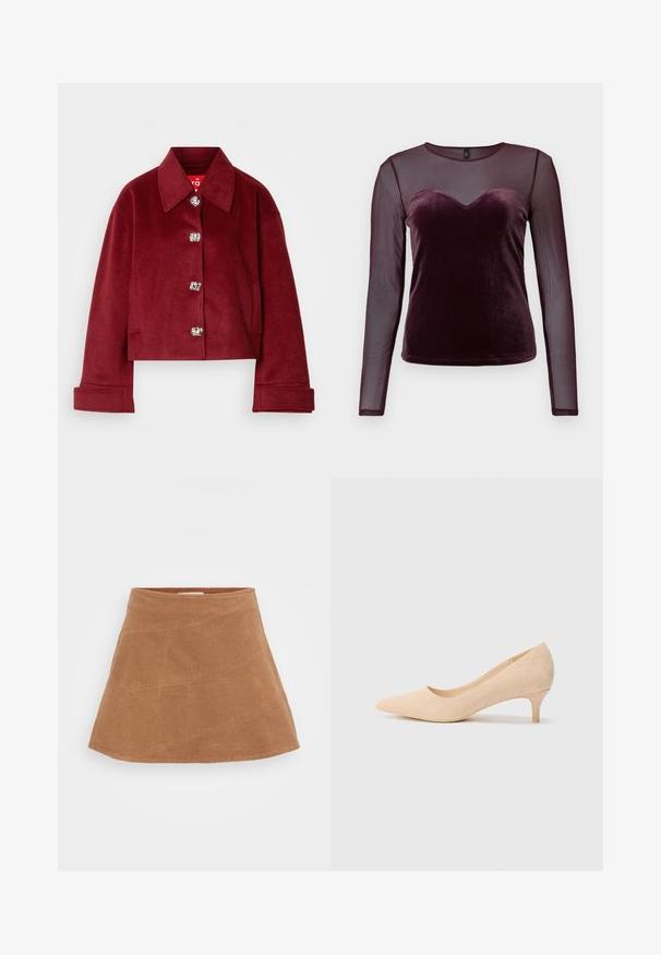 Bordeaux cropped jasje in wolmix, met een kraag, zilveren drukknoopjes en zijzakken; gladde textuur met een getailleerde pasvorm.; Bordeaux lange mouwen top met een fluwelen bodice, een hartvormige halslijn en doorschijnende mouwen van gaas, een gladde textuur en een strakke pasvorm.; Bruine corduroy mini-jurk met een uitlopende ontwerp, voorzien van diagonale naden en een gladde textuur. Platte tailleband aan de bovenkant.; Beige suède high-heel pump met een spitse neus en een slanke hak van 5 cm. Glad textuur met minimale details op de bovenkant.