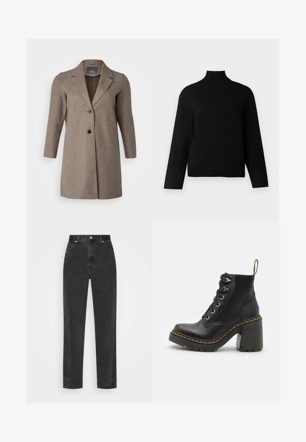 Rjav volnen plašč z izrezanim ovratnikom, enojnim gumbom in stranskimi žepi. Ima gladko teksturo in krojen fit.; Črn pulover z visokim ovratnikom, izdelan iz mehke pletene tkanine, z dolgimi rokavi in sproščenim krojem. Gladka tekstura brez vidnih vzorcev ali dodatkov.; Črne denim hlače s ravnimi nogami in visokim pasom, sprednjim gumbom in zadrgo ter petimi žepi na belem ozadju.; Črne usnjene gležnarske škornje z masivnim visokim petami, vezanjem spredaj, kovinskimi luknjicami in rumenim šivom ob podplatu. Teksturiran gumijast podplat.