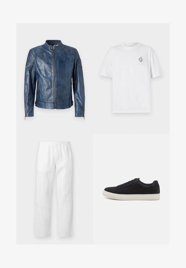 Belstaff OUTLAW - Δερμάτινο μπουφάν - insignia blue; Λευκό βαμβακερό t-shirt με άνετη εφαρμογή, που διαθέτει ένα μικρό μαύρο γραφικό λογότυπο στην αριστερή πλευρά του στήθους. Βραχίονες κοντοί, στρογγυλή λαιμόκοψη.; Λευκό παντελόνι από λινό με ελαστική μέση, ίσια γραμμή και μαλακή υφή χωρίς ορατά σχέδια ή μεταλλικές λεπτομέρειες.; Μαύρο σουέτ αθλητικό παπούτσι με στρογγυλή μύτη, λευκή καουτσούκ σόλα, αντίθετα μπλε κορδόνια και ματ υφή. Μινιμαλιστικός σχεδιασμός χωρίς ορατό λογότυπο.