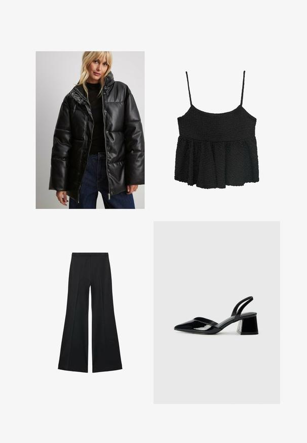 Giacca imbottita nera in ecopelle, con colletto alto, bottoni a pressione, zip frontale e maniche lunghe. Indossata con un top scuro e jeans.; Top peplum nero con sottili spalline regolabili. Tessuto strutturato e arricciato, corpino aderente, sezione inferiore svasata, senza hardware o motivi visibili.; Pantaloni neri a gamba larga con una texture liscia, caratterizzati da pieghe frontali e un design sartoriale. Il tessuto è leggero e fluido.; Décolleté in vernice nera con punta affusolata e tacco in geometria cubica. Presentano un design elegante e minimalista, con una texture liscia.