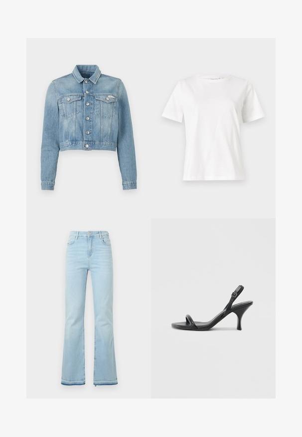 Lyhyeksi leikattu vaaleansininen farkkutakki, jossa on pitkät hihat, kaksi rintataskua, hopeiset napit ja pieni logotagi vasemmalla puolella.; Valkoinen puuvillapaita lyhyillä hihoilla, pyöreällä kaula-aukolla ja rentolla istuvuudella. Sujuva rakenne, ei kuvioita tai yksityiskohtia, minimalistinen muotoilu.; Vaaleansiniset levenevät farkut, jotka on valmistettu denimistä. Niissä on korkea vyötärö, etutaskut ja raaka helma lahkeissa rentoa ilmettä varten.; Mustat nahkaiset korkokengät, joissa on hoikka, kaareva korko ja ristiin menevä hihnadesign. Säädettävä nilkkahihna. Silkkinen pinta.