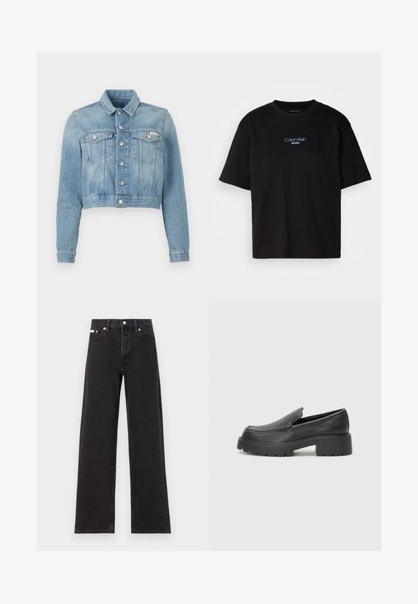 Apkarpyta šviesiai mėlyna džinsinė striukė su ilgomis rankovėmis, dviem krūtininėmis kišenėmis, sidabro spalvos mygtukais ir mažuoju logotipo ženkliuku kairėje pusėje.; Juodas medvilnės marškinėliai su apykakle, trumpomis rankovėmis ir mėlynai siuvinėtu "Calvin Klein JEANS" logotipu priekyje.; Juodos plačios kojų džinsai, pagaminti iš džinsinio audinio, su aukštu liemeniu, penkių kišenių stiliumi ir metaline sagte su kontrastingo siuvimo detalėmis.; Juodi odiniai loaferiai su apvaliu pirštu, storu tekstūruotu padu ir minimaliu siūlių dekoru. Išskirtinis dizainas be matomų raištelių ar furnitūros.
