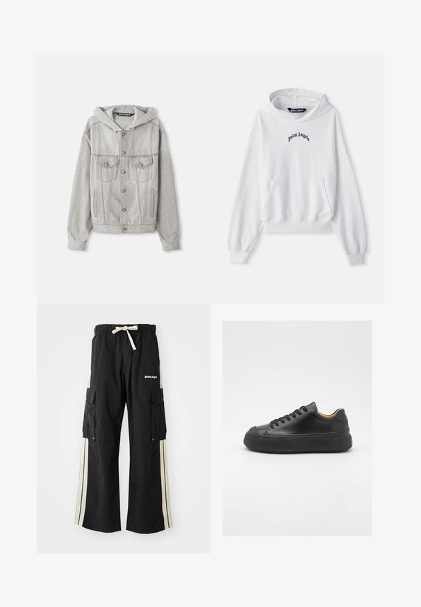 Casaco de ganga cinza claro com capuz destacável, fecho frontal com botões, dois bolsos no peito e bolsos laterais. Apresenta costuras visíveis e ferragens prateadas.; Sweatshirt branca feita de algodão, com um bolso tipo canguru na frente, punhos e barra canelados. Apresenta o logótipo preto "Palm Angels" bordado no peito.; T-shirt preta de algodão com mangas curtas e decote redondo, apresentando texto branco "palm angels" em uma fonte curva e ornamentada na parte da frente.; Calças cargo pretas com cintura elástica e cordão, apresentam riscas laterais creme, vários bolsos e detalhe de logótipo à frente.; Sapatilha de couro preta com bico redondo, frente com atacadores, superfície lisa, sola de borracha grossa e interior em tom contrastante de castanho.