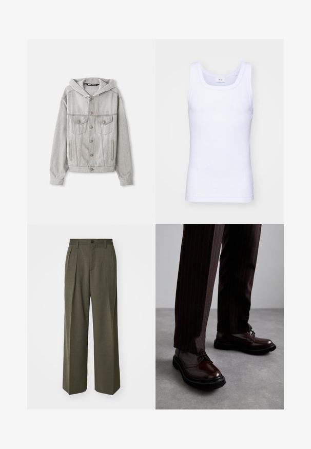 Svijetlo siva traper jakna s odvojivom kapuljačom, kopčanje na dugmad, dva džepa na prsima i bočni džepovi. Ima vidljive šavove i srebrne metalne detalje.; Bela bombažna brezrokavna majica s krošnjo, ki ima gladko teksturo in prilegajočo obliko, zasnovana za sproščeno nošenje.; Filippa K WIDE TROUSERS - Hlače - driftwood; Bordeaux usnjeni čevlji na vezanje z leskom, črnim gumijastim podplatom in diskretno šivanjem. Nosi se z rjavo prugastimi hlačami.