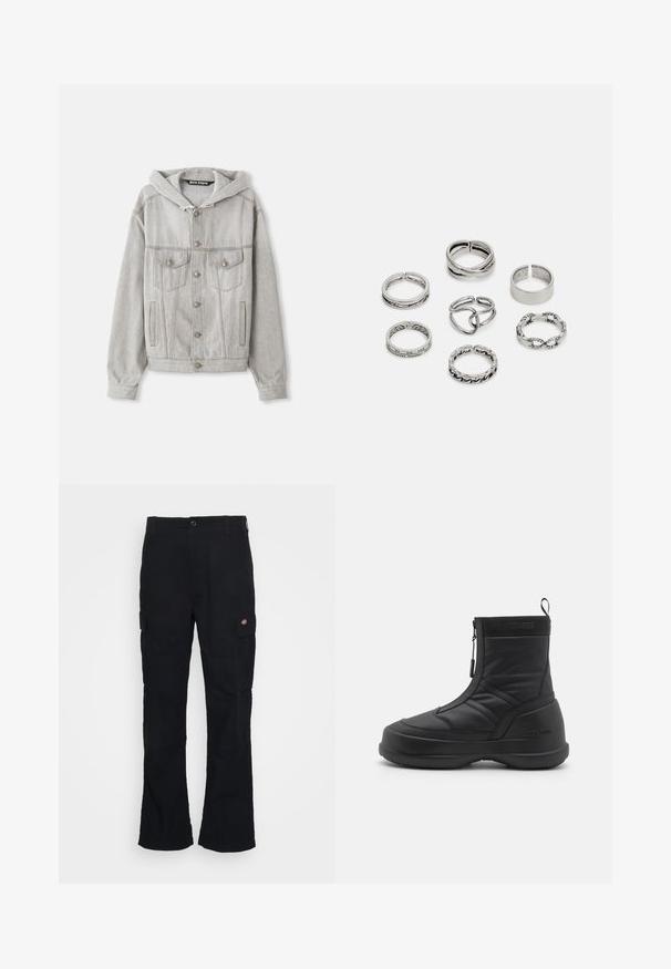 Svetlošedá denimová bunda s odnímateľnou kapucňou, zapínanie na gombíky, dve náprsné vrecká a bočné vrecká. Obsahuje viditeľné stehnie a strieborné kovanie.; Biela dlhá bavlnená tričko s dlhým rukávom. Dizajn s okrúhlym výstrihom a rebrovanými manžetami, malá nášivka na ľavom rukáve. Hladká textura.; Čierne cargo nohavice so vzorom rovného strihu, vyrobené z odolnej tkaniny, s bočnými vreckami a nášivkou logo na ľavej strane.; Čierne nepremokavé snehové čižmy so hladkým syntetickým zvrškom, zipsom, polstrovaným golierom a textúrovanou gumovou podrážkou. Ozdobené značkovaním "MOON BOOT".; Sada siedmich strieborných prsteňov s rôznymi dizajnmi, vrátane skrútených, prepojených a gravírovaných vzorov. Rôzne tvary a šírky.
