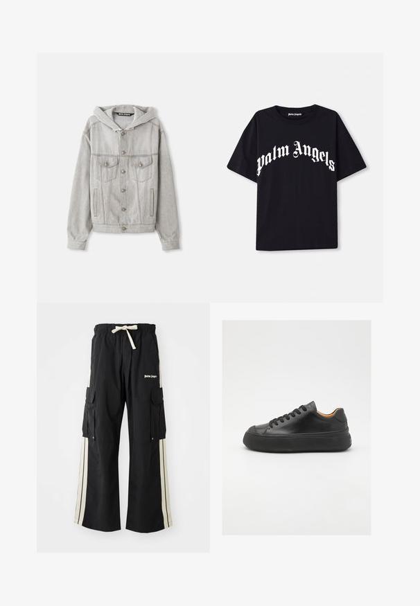 Svijetlo siva traper jakna s odvojivom kapuljačom, dugmadi sprijeda, dva džepa na prsima i bočnim džepovima. Ima vidljive šavove i srebrne metalne dijelove.; Crna pamučna majica kratkih rukava s okruglim izrezom, koja s prednje strane ima bijeli tekst "palm angels" ispisan u zakrivljenom, ukrašenom fontu.; Crne cargo hlače s elastičnim pojasom i vezicom, imaju kremaste bočne pruge, više džepova i detalj s logotipom na prednjoj strani.; Crne kožne tenisice s okruglim vrhom, vezanjem sprijeda, glatkom teksturom, debelim gumenim potplatom i kontrastnim svijetlosmeđim unutrašnjim dijelom.