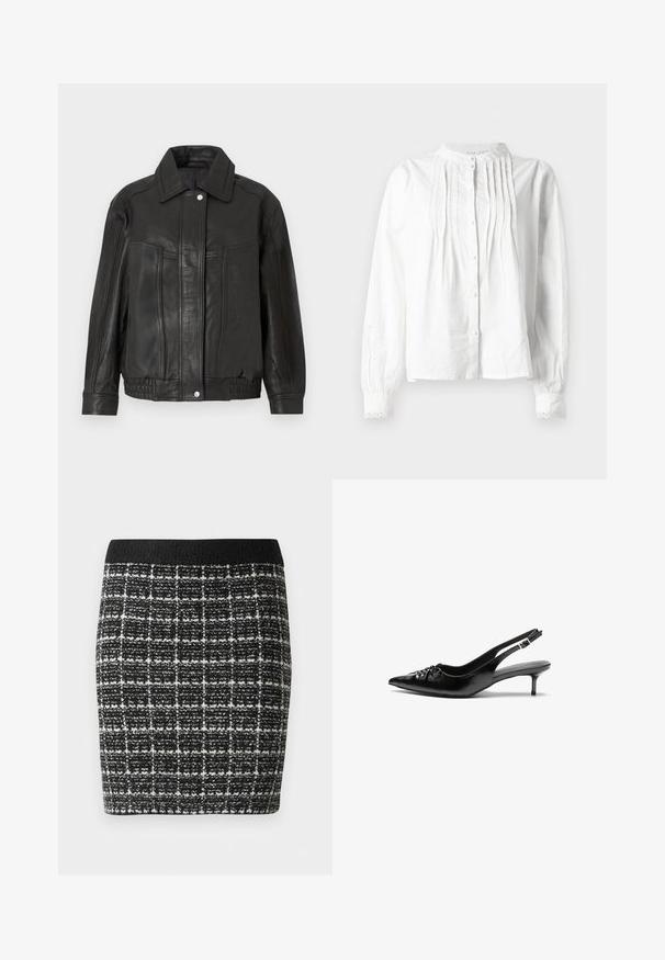 Mustast nahast jope struktureeritud disainiga, millel on terav krae, ees taskud ja sooniline alumine äär. Sile tekstuur ja puhtad jooned.; Valge pikkade varrukatega pluus, millel on püsti krae, vertikaalsed voldid ees, nööbiga kinnitamine ja pitsiga ääristatud varrukad.; Mustvalge ruuduline seelik tekstureeritud kangaga, millel on must vöökoht ja istuv siluett.; Musthave nahkased kõrged kontsad, millel on terav varvas, väike kitten-kont ja dekoratiivne sõlm ees. Ühtlane sile tekstuur.