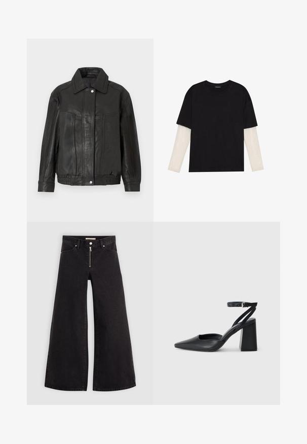 Black leather jacket with a structured design, featuring a pointed collar, front pockets, and ribbed hem. Smooth texture and clean lines.; Black T-shirt made of cotton, featuring short sleeves over a white long-sleeve layer with a subtle textured pattern. Crew neckline design.; Wide-leg jeans in black denim with a zippered front, five-pocket design, and subtle stitching details. Smooth texture and casual style.; Black leather pointy-toe pump with an ankle strap and a chunky heel. Flat texture, sleek design, and minimalistic aesthetics.