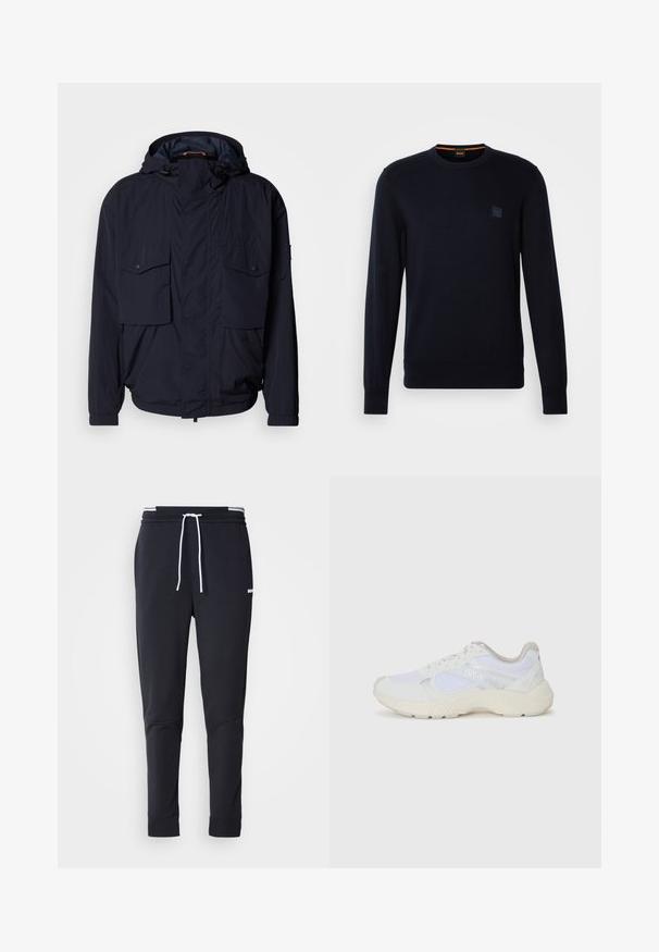 Casaco leve azul marinho com capuz, dois bolsos com aba e punhos elásticos. Feito de um tecido macio e texturizado com um corte descontraído.; Suéter de malha azul-marinho com mangas longas, decote redondo, punhos e bainha canelados, apresentando um pequeno patch logo quadrado no peito.; Calças de jogger ajustadas pretas com cordão branco, cintura elástica com riscas brancas e pequeno logo branco na parte superior da coxa.; Ténis brancos desportivos feitos de malha e camurça, com uma entressola texturizada, elementos texturizados e o logótipo "HUGO" na lateral.