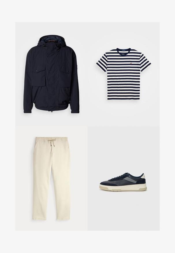 Tamsiai mėlynas lengvas džemperis su gobtuvu, dviem kišenėmis su atvartu ir elastingomis rankovėmis. Pagamintas iš minkštos, tekstūruotos medžiagos, laisvo silueto.; Mėlynai ir baltai dryžuota trumpomis rankovėmis T marškiniai, pagaminti iš medvilnės, su apvalia kaklo iškirpte ir mažuoju raudonu siuvinėtu logotipu ant krūtinės.; Oficialiai balti kasdieniniai kelnės su elastiniu juosmeniu ir raišteliu, tiesiomis kojomis ir šoninėmis kišenėmis prieš paprastą foną.; BOSS BALTIMORE - Sportbačiai - open blue