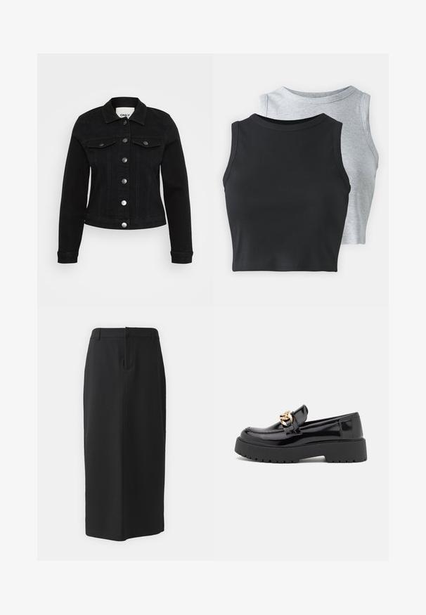 Giubbotto di jeans nero con design cropped, chiusura frontale con bottoni, maniche lunghe e due tasche sul petto con dettagli in metallo argentato.; Even&Odd Petite 2 PACK - Top - light grey/black; Gonna a tubino nera, lunghezza al ginocchio, realizzata in tessuto liscio. Caratterizzata da uno spacco sul retro e tasche laterali, con un design semplice e un colore neutro.; Mocassini in pelle verniciata nera con suola spessa nera e dettagli in hardware dorato. Texture liscia e design con punta arrotondata.