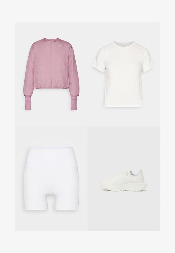 Różowa krótka kurtka z suwakiem z przodu, puszysta tekstura, elastyczne mankiety oraz małe białe logo w górnym lewym rogu.; Lekka biała koszulka z krótkim rękawem, okrągłym dekoltem i małym logo w lewym górnym rogu. Gładki materiał o subtelnej połysku.; Białe szorty z wysokim stanem wykonane z elastycznej tkaniny. Charakteryzują się gładką teksturą i dopasowanym krojem, bez dodatkowych wzorów czy elementów metalowych.; Białe buty sportowe z teksturowaną cholewką, wyściełanym kołnierzem i zapięciem na sznurówki. Wyposażone w zakrzywioną podeszwę i subtelne oznakowanie po bokach.