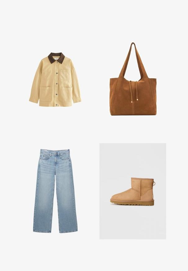 Giacca in cotone beige con colletto in velluto a coste marrone, bottoni a pressione e due tasche frontali. Ha una vestibilità comoda e maniche lunghe.; Maglione a maglia crema con un grande design ricamato della bandiera americana sulla parte anteriore. Il collo, i polsini e l'orlo a costine aggiungono texture.; Jeans in denim azzurro chiaro a gamba larga con vita alta, cinque tasche e un lieve sbiadimento, dotati di un bottone metallico e passanti per la cintura.; Stivali ankle in suede color tan con punta tonda, dettagli cuciti, linguetta sul retro e suola in gomma texture. Progettati per comfort e calore.; Borsa a tracolla in suede marrone con due lunghe cinghie, chiusura con cordoncino e design minimalista. Texture liscia e senza elementi hardware visibili.