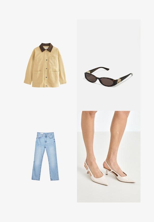 Beige puuvillane jakk pruuni sametkaeluse ja kahe esisiga taskuga. On lõdva lõikega ja pikkade varrukatega.; Valkoinen nappikauluspaita, jossa on terävä kaulus, pitkät hihat ja pieni sininen logo vasemmassa rinnassa. Valmistettu puuvillakankaasta.; Vaaleansiniset farkut suoran leikkauksen, viiden taskun muotoilun ja näkyvän ompelun kanssa. Keskikorkea vyötärö, jossa on perinteinen nappi- ja vetoketjukiinnitys.; Beige patenttaja nahkaslingback-korkokengät, joissa on teräväkärkinen muotoilu ja 5 cm:n korko. Kenkäparissa on leikattuja reunoja ja ohut nilkkaremmi.; Silmärilakkiset tortoiseshell-aurinkolasit, joissa on pitkänomaiset ovaalit linssit, ruskea sävy, kultaiset logo-koristeet temppeleissä ja sulavalinjaiset mustat varret.; Valkoinen nahkalaukku kultaisilla metalliosilla, jossa on läppäkiinnitys ja irrotettava, säädettävä hihna. Keskellä pyöreä metallikoriste.