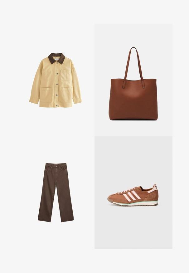 Beige cotton jacket with a brown corduroy collar, snap buttons, and two front pockets. Has a relaxed fit and long sleeves.; White short-sleeve t-shirt, round neckline, soft cotton blend fabric, relaxed fit, seamless hem, minimalistic design without embellishments.; Wide-leg brown jeans made of denim, featuring a high waist, front pockets, and a classic button closure. Smooth texture with subtle stitching.; Brown and pink Adidas sneaker with suede details, three pink stripes on the side, and a white sole with a green accent.; Brown leather tote bag with a smooth texture, open top design, and two shoulder straps. Features minimal stitching and no visible hardware.