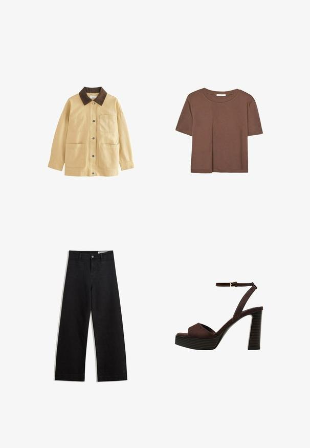 Giacca in cotone beige con colletto in velluto a coste marrone, bottoni a pressione e due tasche frontali. Ha una vestibilità comoda e maniche lunghe.; Maglietta a maniche corte marrone realizzata in tessuto morbido, con scollatura rotonda e vestibilità rilassata. Nessun motivo o dettaglio visibile.; Pantaloni in denim neri a gamba larga con vita alta, dotati di tasche anteriori e posteriori, cuciture a punto, e chiusura con bottone. Texture liscia.; Sandal in camoscio marrone con tacco alto, punta aperta, cinturino alla caviglia regolabile e suola a piattaforma striata.