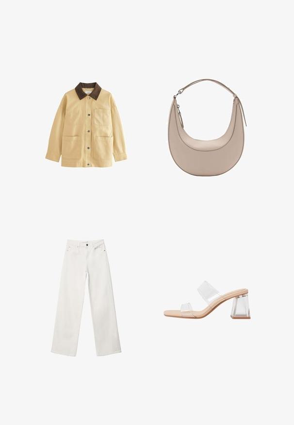 Beige cotton jacket with a brown corduroy collar, snap buttons, and two front pockets. Has a relaxed fit and long sleeves.; White short-sleeve t-shirt with a round neck, relaxed fit, made of soft fabric. No patterns or accents, featuring a standard hemline.; White wide-leg jeans made of denim, featuring a high waist, five-pocket design, and a metal button closure. Smooth texture, no patterns.; Transparent heeled sandals featuring two clear straps, a beige base, and a geometric clear block heel. Minimalist design with smooth texture.; Beige leather shoulder bag with a crescent shape, smooth texture, and a single curved handle. Features a zip closure and neat stitching.