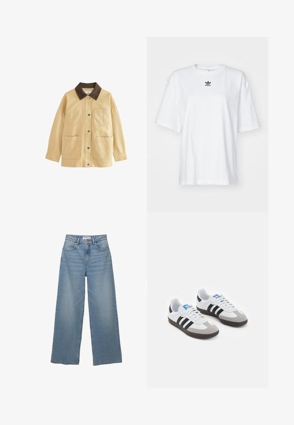 Beżowa bawełniana kurtka z brązowym kołnierzem z sztruksu, zatrzaskami i dwiema przednimi kieszeniami. Posiada luźny krój i długie rękawy.; Biała, krótko rękawowa koszulka z bawełny. Posiada okrągły dekolt oraz małe, czarne logo Adidas na klatce piersiowej. Proste zakończenie.; Jasnoniebieskie jeansy typu wide-leg wykonane z denimu. Posiadają wysoką talię, pięć kieszeni oraz prosty krój z minimalnym wyblaknięciem.; Buty sportowe z białą skórzaną cholewką, szarym zamszowym noskiem i trzema czarnymi paskami. Posiadają niebieskie logo na języku oraz teksturowaną gumową podeszwę.