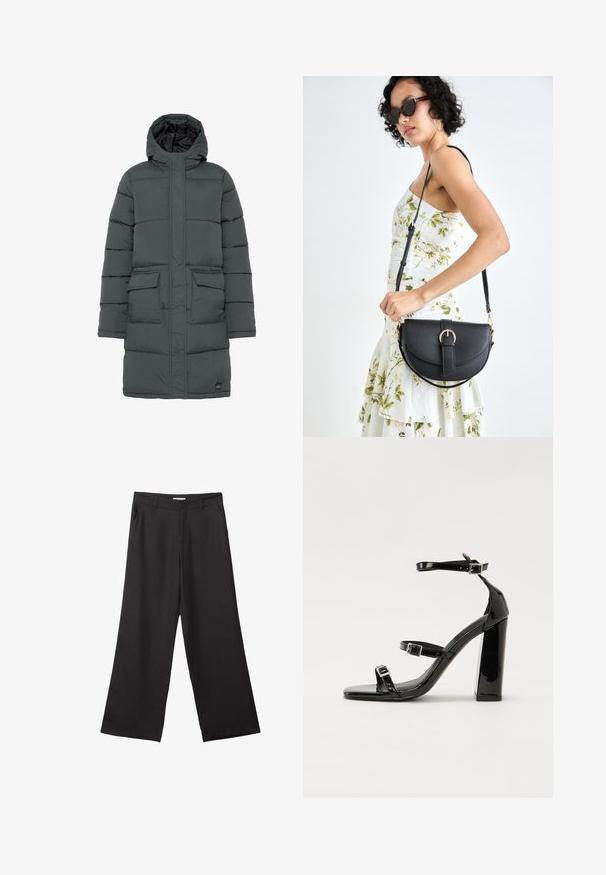 Mørk grå pufferjakke med hætte, udstyret med en kviltet design, to frontlommer og lynlåslukning. Glat tekstur og let isolering.; Simpel sort kortærmet bomulds T-shirt med rund hals, præsenteret på en hvid baggrund.; Sorte bukser med vidde, lavet af glat stof, med en frontlynlås og to sidelommer, i en skræddersyet pasform og minimalistisk design.; Sorte patenterede hælsandaler med firkantet tå, ankelremme og sølvspænder. Har en chunky blokHæl for stabilitet.; Sort læderhåndtaske med en buet form, aftagelig rem og guldfinish. Tasken har en klap med en spænde detalje.
